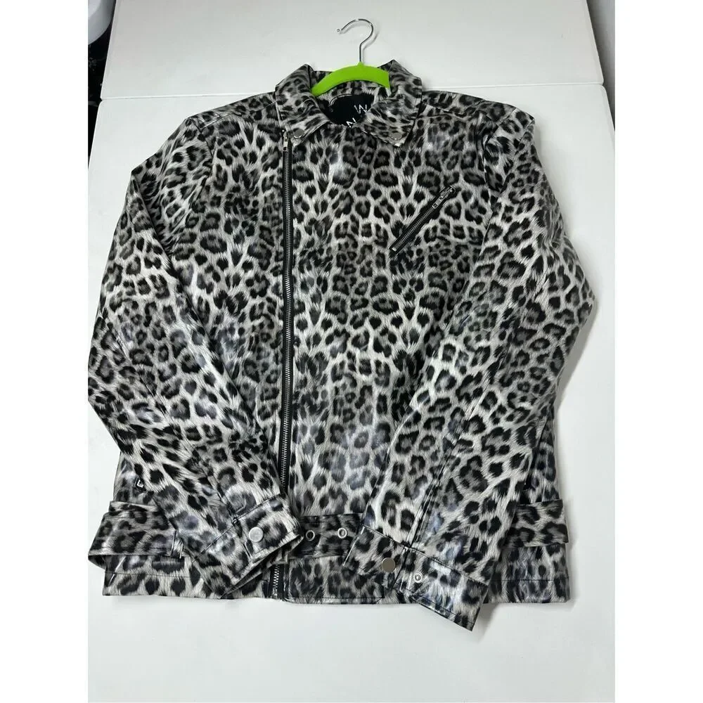 NWT MAN Boohoo Women Animal Print Polyurethane Zip Rein Jacket Size XXL Belted